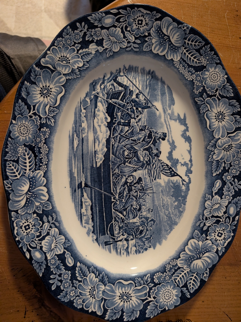 Blue Transferware Oval Serving Platter - Scenic Border Design